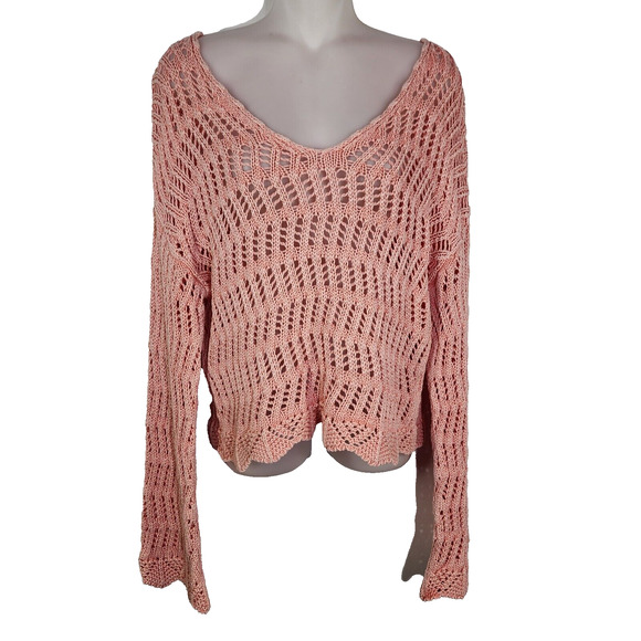 American Eagle Sweater XS Crochet V Neck Peach Open Knit Long Bell Sleeve Retro - Picture 1 of 9